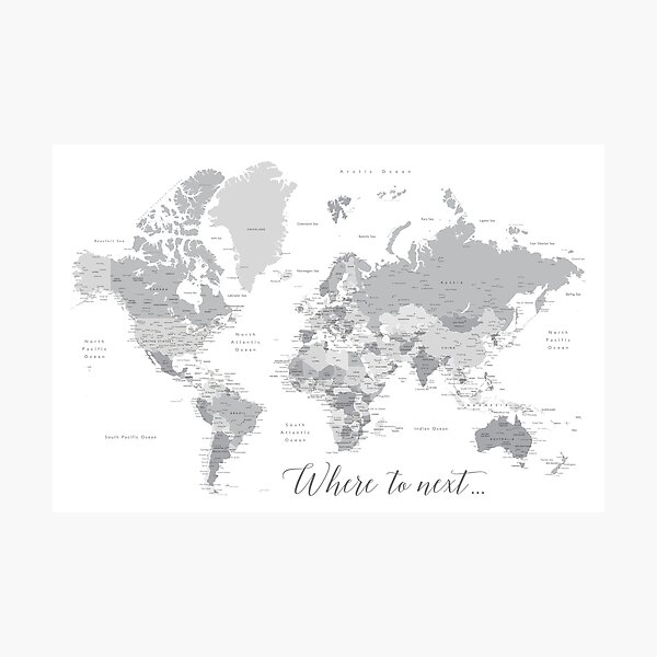 Where to next world map with cities in grayscale Photographic Print