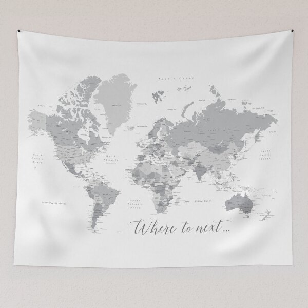 Item preview, Where to next world map with cities in grayscale designed and sold by blursbyai.