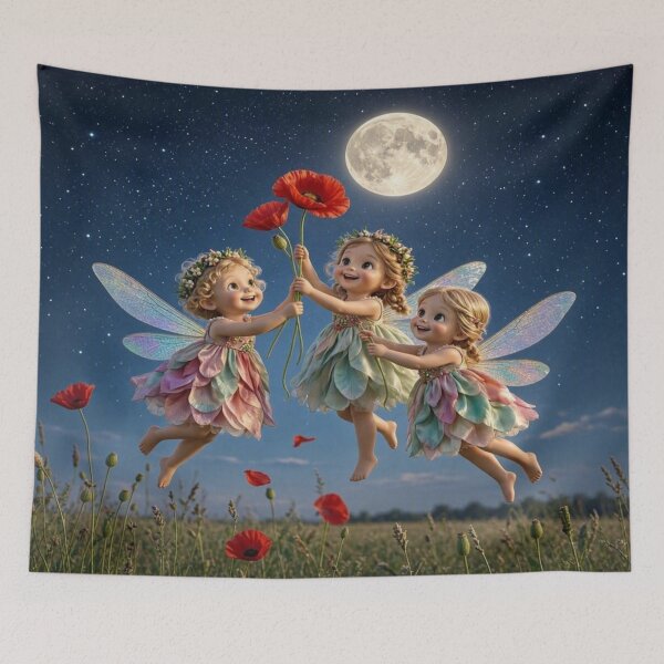 Item preview, Cute Little Fairies with Poppy Flowers Under Full Moon designed and sold by Breezes-of-Ida.