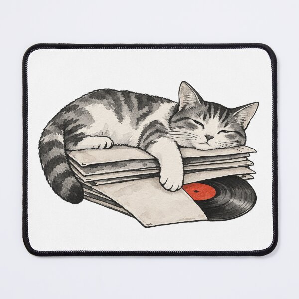 Item preview, Sleepy Tabby Cat Napping on Vinyl Records Ink Art designed and sold by Jessie's Palette.