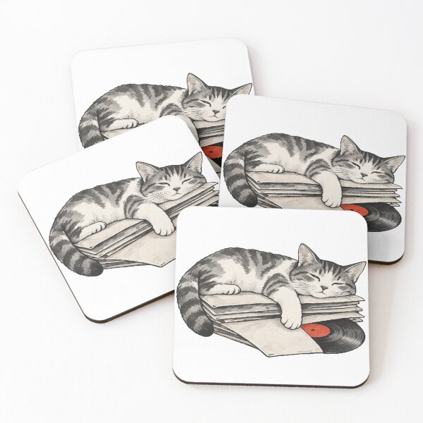 Item preview, Sleepy Tabby Cat Napping on Vinyl Records Ink Art designed and sold by Jessie's Palette.