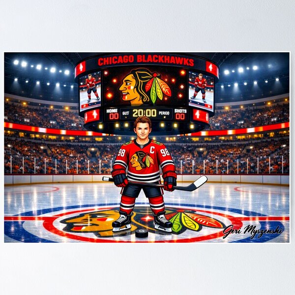 Item preview, Connor Bedard Chicago Blackhawks Captain Center Ice Hockey Art – Full Body Digital Cartoon designed and sold by The Art Queen Of Michigan .