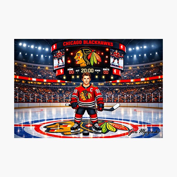 Item preview, Connor Bedard Chicago Blackhawks Captain Center Ice Hockey Art – Full Body Digital Cartoon designed and sold by The Art Queen Of Michigan .