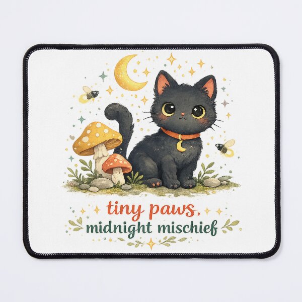 Item preview, Tiny Paws Midnight Mischief Cute Black Cat Moon Mushroom Cottagecore Art designed and sold by inkoutninja.