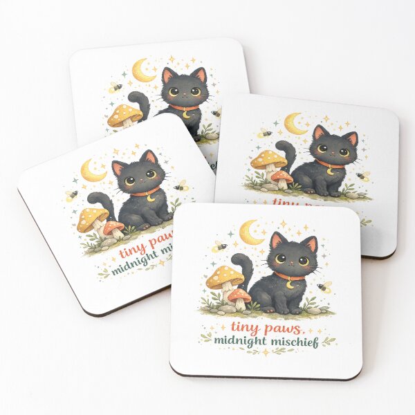Item preview, Tiny Paws Midnight Mischief Cute Black Cat Moon Mushroom Cottagecore Art designed and sold by inkoutninja.