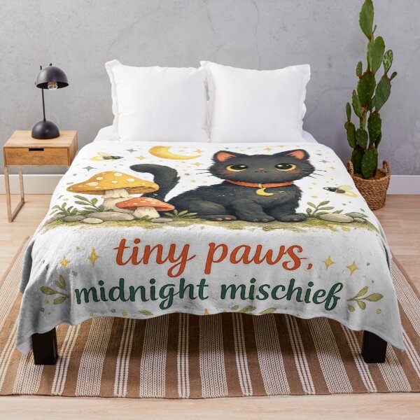 Item preview, Tiny Paws Midnight Mischief Cute Black Cat Moon Mushroom Cottagecore Art designed and sold by inkoutninja.