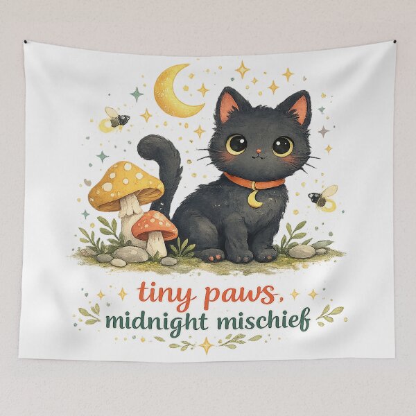 Item preview, Tiny Paws Midnight Mischief Cute Black Cat Moon Mushroom Cottagecore Art designed and sold by inkoutninja.