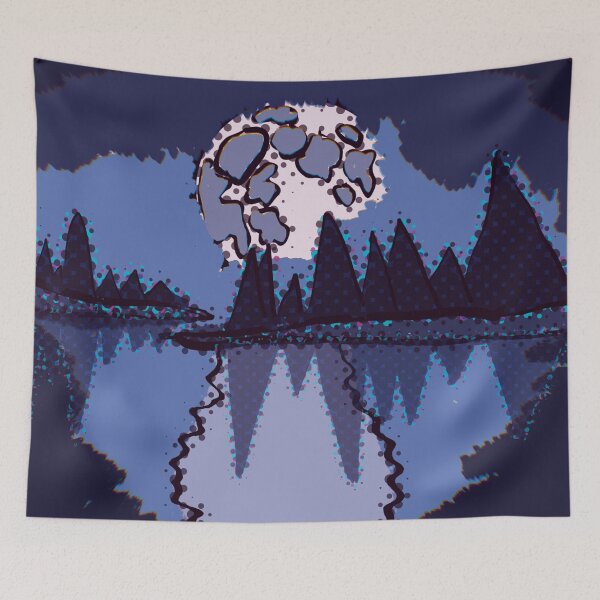 Item preview, Cosmic Lake Twilight Scenery of Trees on Water with Night Sky Abstract Halftone designed and sold by ZodiacGradient.