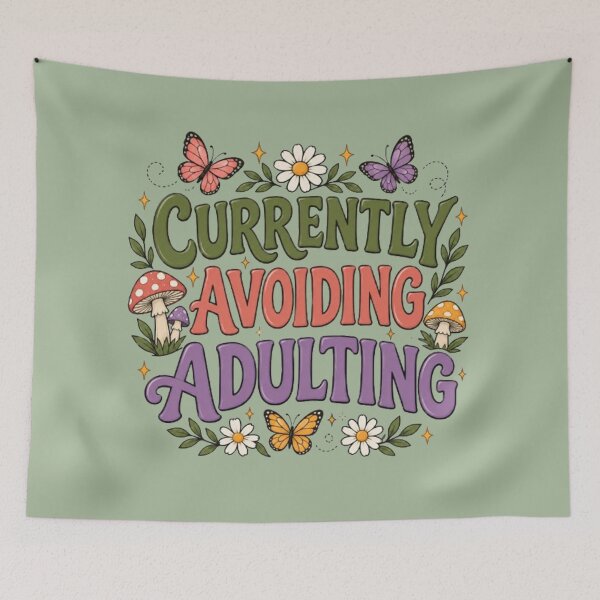 Item preview, Currently Avoiding Adulting Funny Floral Mushroom Butterfly Quote designed and sold by TibbuTees.