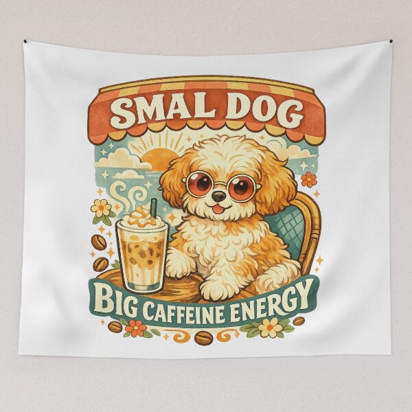 Item preview, Small Dog Big Caffeine Energy Cute Coffee Puppy Retro Cafe Art Design designed and sold by inkoutninja.