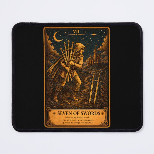 Item preview, Seven of Swords Tarot Card - Secrecy & Hidden Truths Art designed and sold by ArcanaAbsolute.