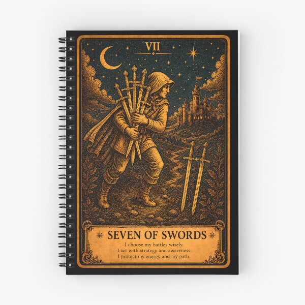 Item preview, Seven of Swords Tarot Card - Secrecy & Hidden Truths Art designed and sold by ArcanaAbsolute.