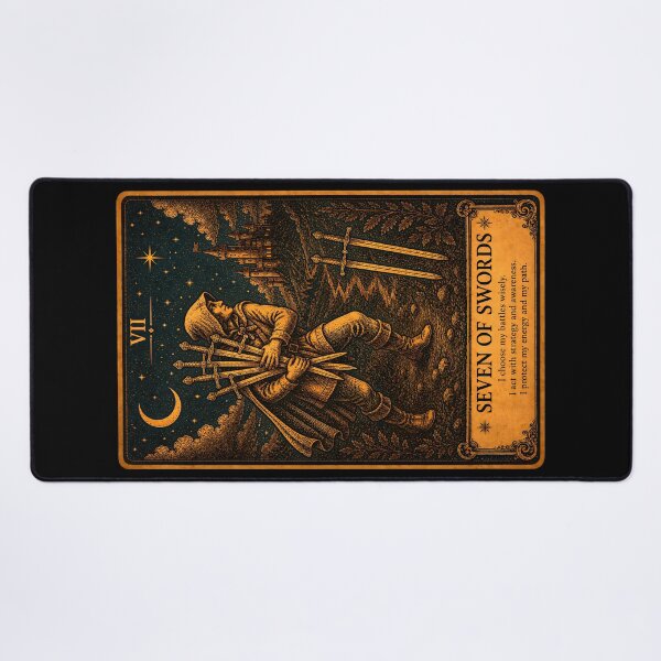 Item preview, Seven of Swords Tarot Card - Secrecy & Hidden Truths Art designed and sold by ArcanaAbsolute.