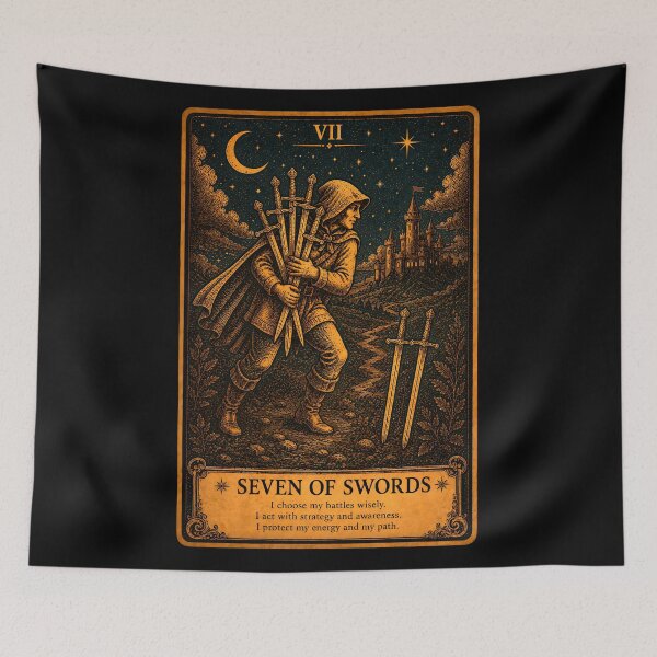 Item preview, Seven of Swords Tarot Card - Secrecy & Hidden Truths Art designed and sold by ArcanaAbsolute.