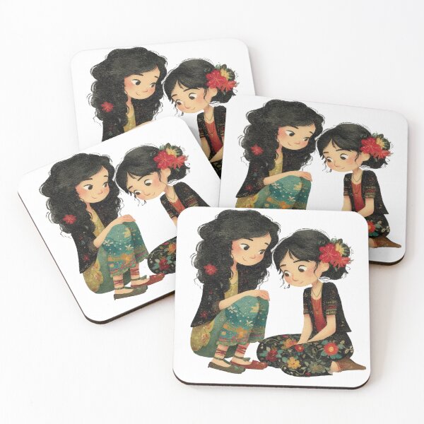Item preview, Two charming illustrated women with long dark hair and traditional floral clothing sit together on a transparent background, creating a warm, heartwarming scene in a whimsical, folk art watercolor. designed and sold by Hasibnikon.
