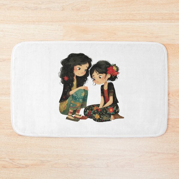 Item preview, Two charming illustrated women with long dark hair and traditional floral clothing sit together on a transparent background, creating a warm, heartwarming scene in a whimsical, folk art watercolor. designed and sold by Hasibnikon.