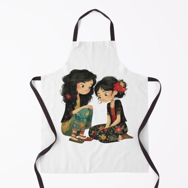 Item preview, Two charming illustrated women with long dark hair and traditional floral clothing sit together on a transparent background, creating a warm, heartwarming scene in a whimsical, folk art watercolor. designed and sold by Hasibnikon.