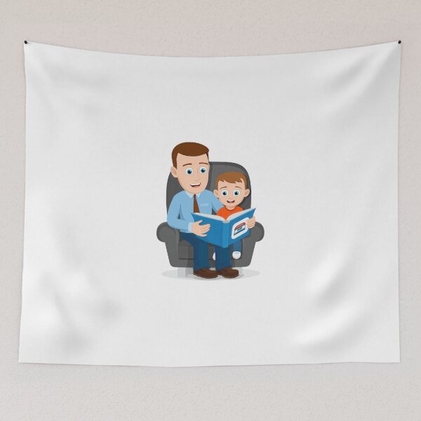 Item preview, A heartwarming vector illustration of a loving father and son sitting together in an armchair on a transparent background, happily reading a blue storybook together in a warm, cozy domestic scene. designed and sold by Hasibnikon.