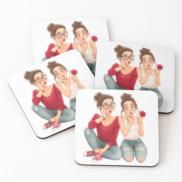 Item preview, Two surprised cartoon women with brown hair in topknots posing together against an isolated black background, featuring one holding a red rose and wearing glasses, creating a funny illustrative stock. designed and sold by Hasibnikon.