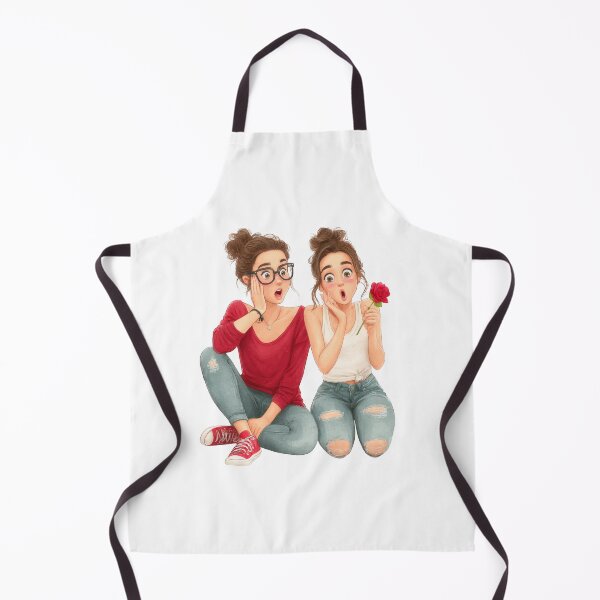Item preview, Two surprised cartoon women with brown hair in topknots posing together against an isolated black background, featuring one holding a red rose and wearing glasses, creating a funny illustrative stock. designed and sold by Hasibnikon.