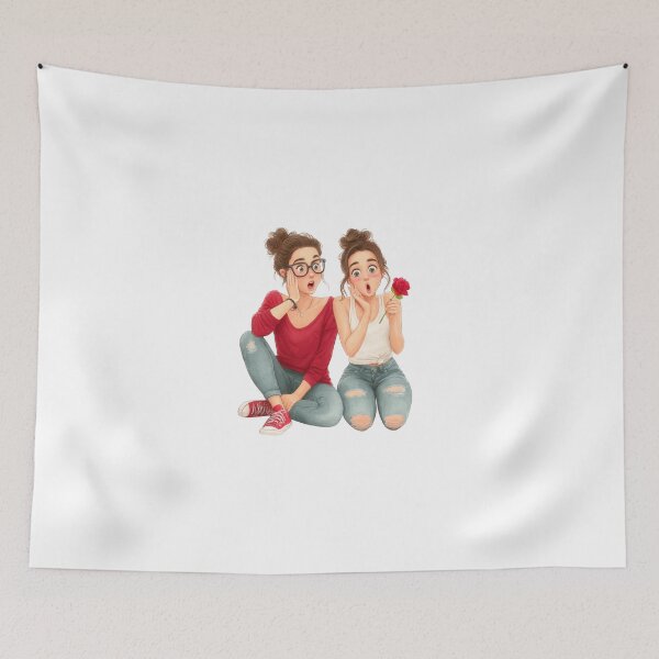 Item preview, Two surprised cartoon women with brown hair in topknots posing together against an isolated black background, featuring one holding a red rose and wearing glasses, creating a funny illustrative stock. designed and sold by Hasibnikon.