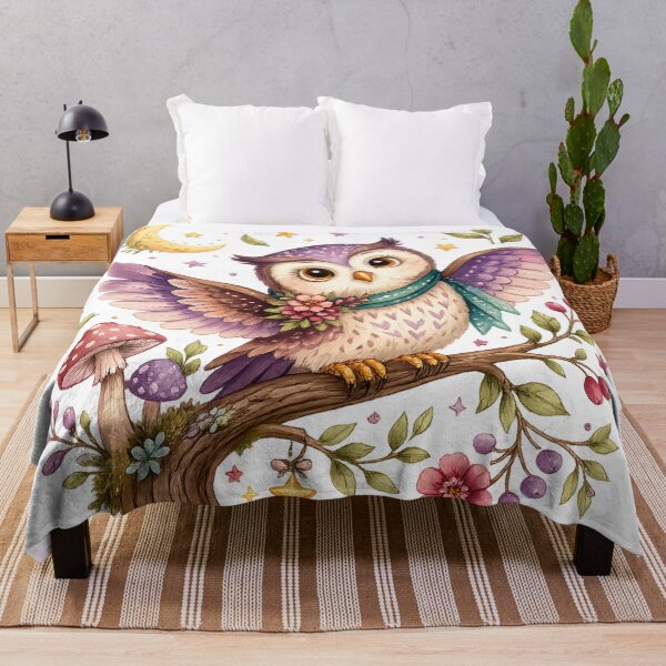 Item preview, Cute Purple Owl Moon and Mushrooms Cottagecore Celestial Woodland Art designed and sold by inkoutninja.
