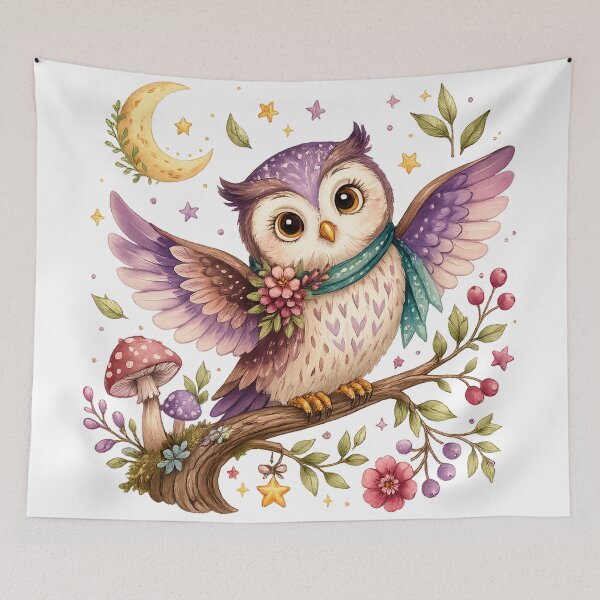 Item preview, Cute Purple Owl Moon and Mushrooms Cottagecore Celestial Woodland Art designed and sold by inkoutninja.