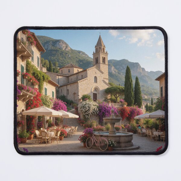 Item preview, Italian Village Courtyard with Church, Flowers & Mountain Views – Mediterranean Tuscan Style designed and sold by ZYVARENNE.