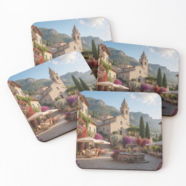 Item preview, Italian Village Courtyard with Church, Flowers & Mountain Views – Mediterranean Tuscan Style designed and sold by ZYVARENNE.