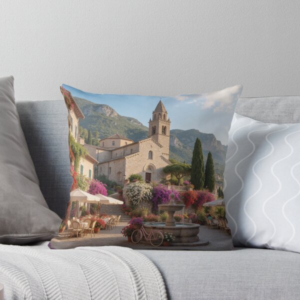 Item preview, Italian Village Courtyard with Church, Flowers & Mountain Views – Mediterranean Tuscan Style designed and sold by ZYVARENNE.