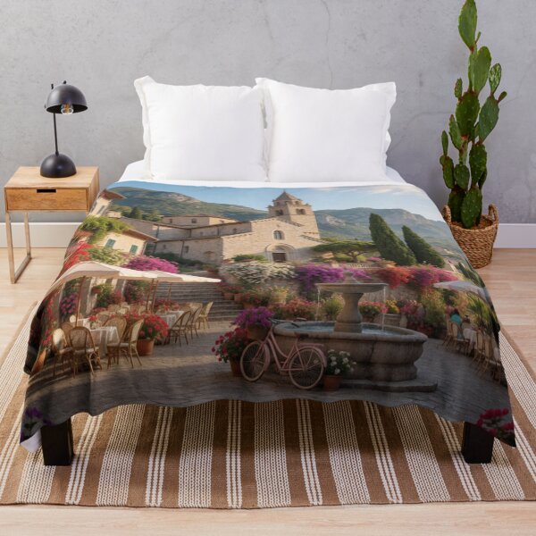Item preview, Italian Village Courtyard with Church, Flowers & Mountain Views – Mediterranean Tuscan Style designed and sold by ZYVARENNE.