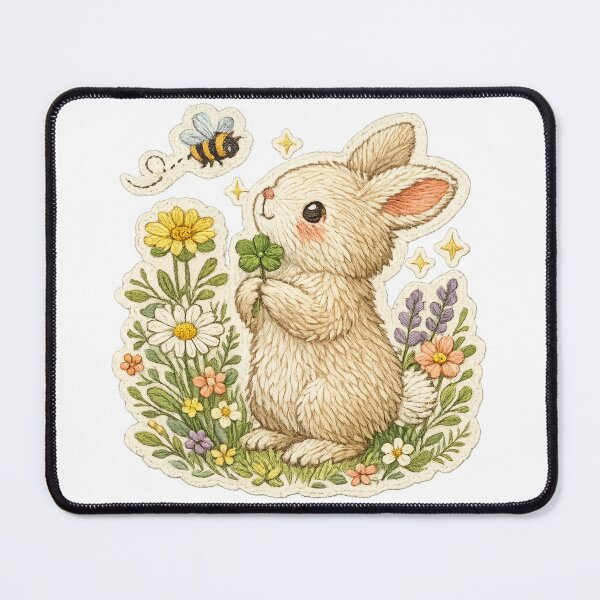 Item preview, Lucky Little Bunny Clover Wildflower Cottagecore Embroidery Art Design designed and sold by inkoutninja.