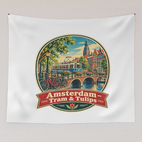 Aperçu de l'œuvre Amsterdam Tram & Bike Vintage Pays-Bas Voyage créée et vendue par Globalcitytees.
