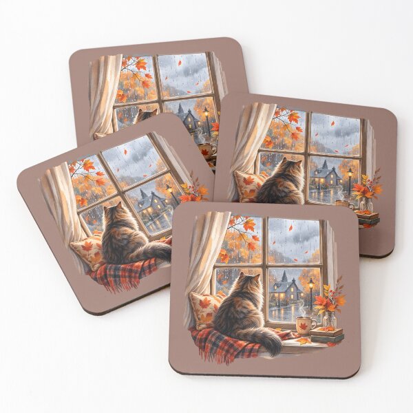 Item preview, Cozy Rainy Autumn Window with Cat and Coffee designed and sold by blankTeeShirt.