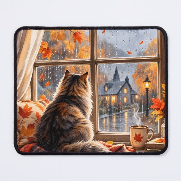 Item preview, Cozy Rainy Autumn Window with Cat and Coffee designed and sold by blankTeeShirt.