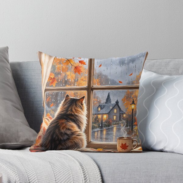 Item preview, Cozy Rainy Autumn Window with Cat and Coffee designed and sold by blankTeeShirt.