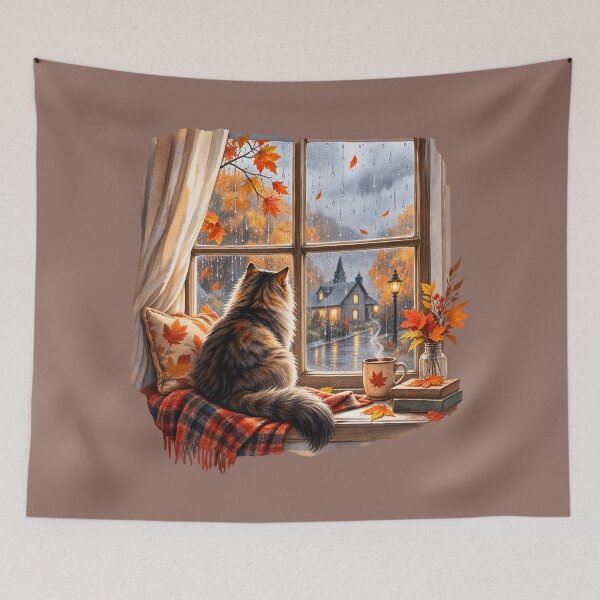 Item preview, Cozy Rainy Autumn Window with Cat and Coffee designed and sold by blankTeeShirt.