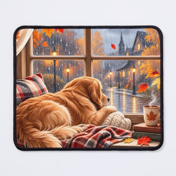 Item preview, Cozy Golden Retriever Watching Autumn Rain designed and sold by blankTeeShirt.