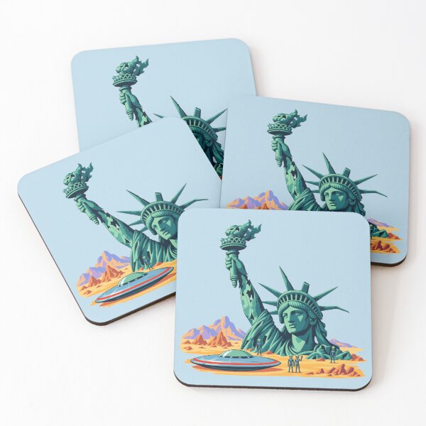 Item preview, Statue of Liberty UFO Alien Invasion Post Apocalyptic Sci-Fi Retro Pop Art designed and sold by KungPowUnicorn.