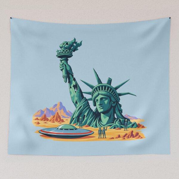 Item preview, Statue of Liberty UFO Alien Invasion Post Apocalyptic Sci-Fi Retro Pop Art designed and sold by KungPowUnicorn.