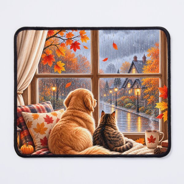 Item preview, Cozy Autumn Rainy Day with Golden Retriever and Cat designed and sold by blankTeeShirt.