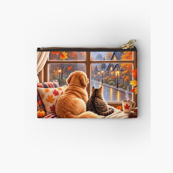 Item preview, Cozy Autumn Rainy Day with Golden Retriever and Cat designed and sold by blankTeeShirt.