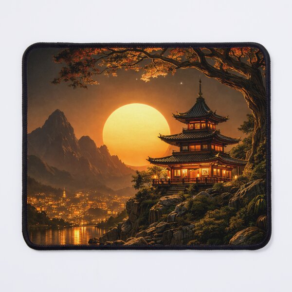 Item preview, Golden Sunset Pagoda by Mountain Lake – Asian Fantasy Landscape Art Print designed and sold by Kaleidoscope Print.