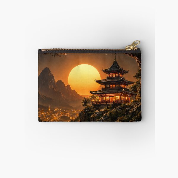 Item preview, Golden Sunset Pagoda by Mountain Lake – Asian Fantasy Landscape Art Print designed and sold by Kaleidoscope Print.