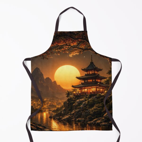 Item preview, Golden Sunset Pagoda by Mountain Lake – Asian Fantasy Landscape Art Print designed and sold by Kaleidoscope Print.