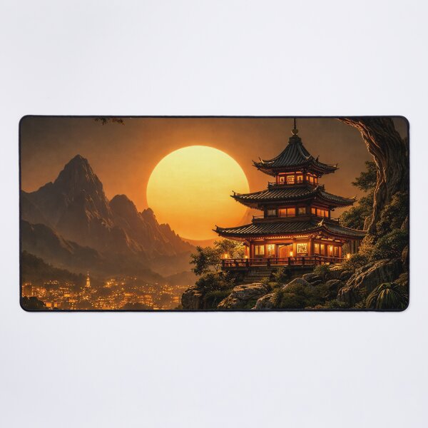 Item preview, Golden Sunset Pagoda by Mountain Lake – Asian Fantasy Landscape Art Print designed and sold by Kaleidoscope Print.