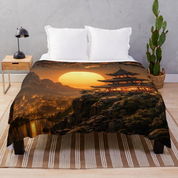 Item preview, Golden Sunset Pagoda by Mountain Lake – Asian Fantasy Landscape Art Print designed and sold by Kaleidoscope Print.