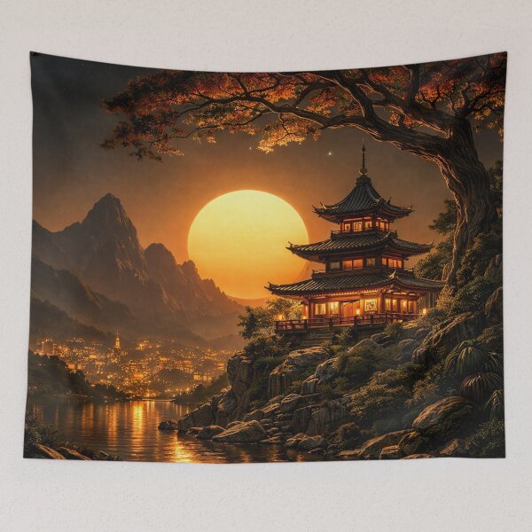 Item preview, Golden Sunset Pagoda by Mountain Lake – Asian Fantasy Landscape Art Print designed and sold by Kaleidoscope Print.