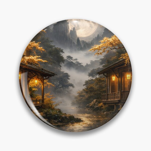 Item preview, Golden Moonlit Asian Village – Enchanted Mountain River Fantasy Art Print designed and sold by Kaleidoscope Print.