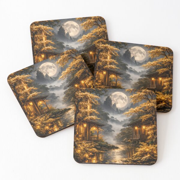Item preview, Golden Moonlit Asian Village – Enchanted Mountain River Fantasy Art Print designed and sold by Kaleidoscope Print.